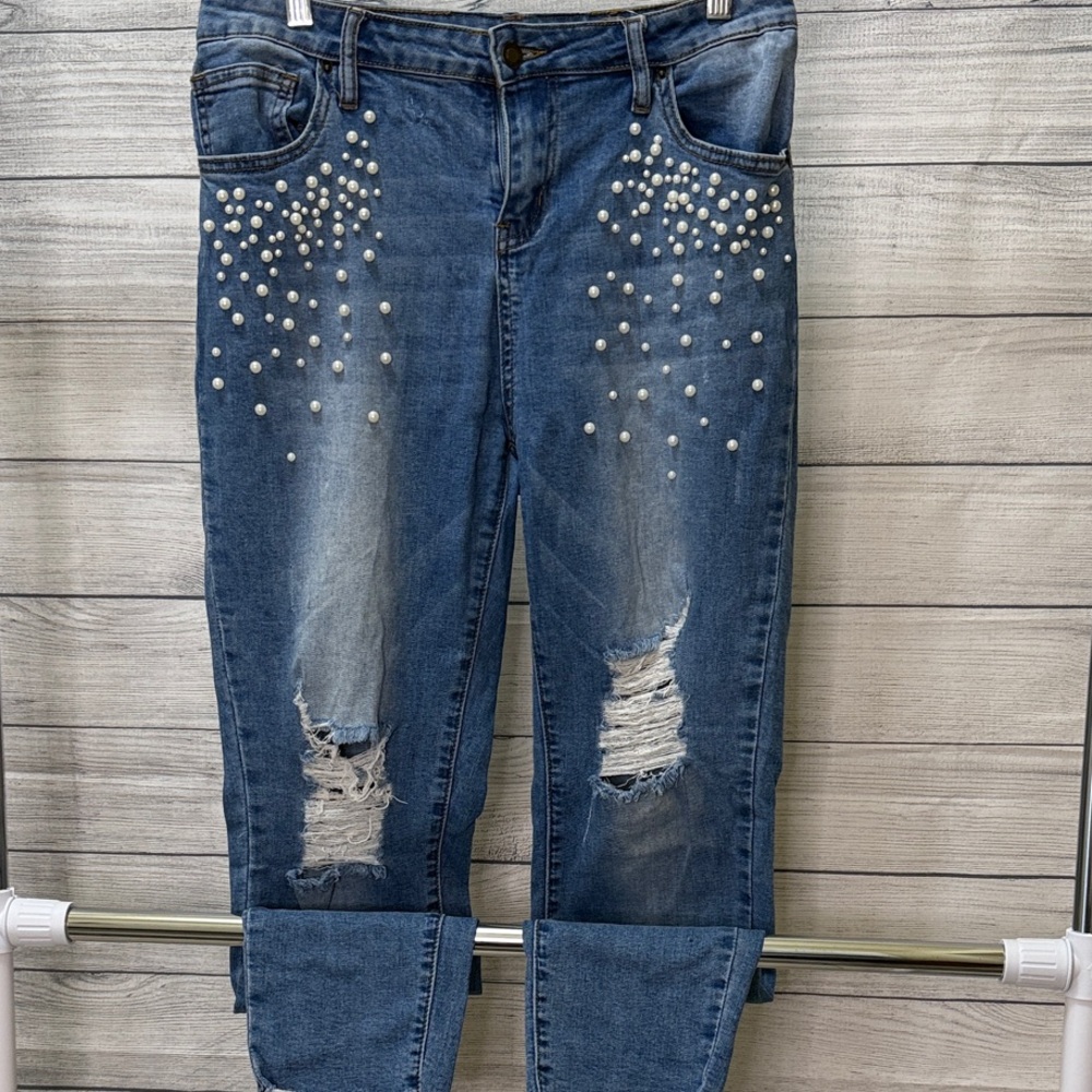 Angel Kiss Distressed Pearl Beaded Jeans, Size 17, great condition